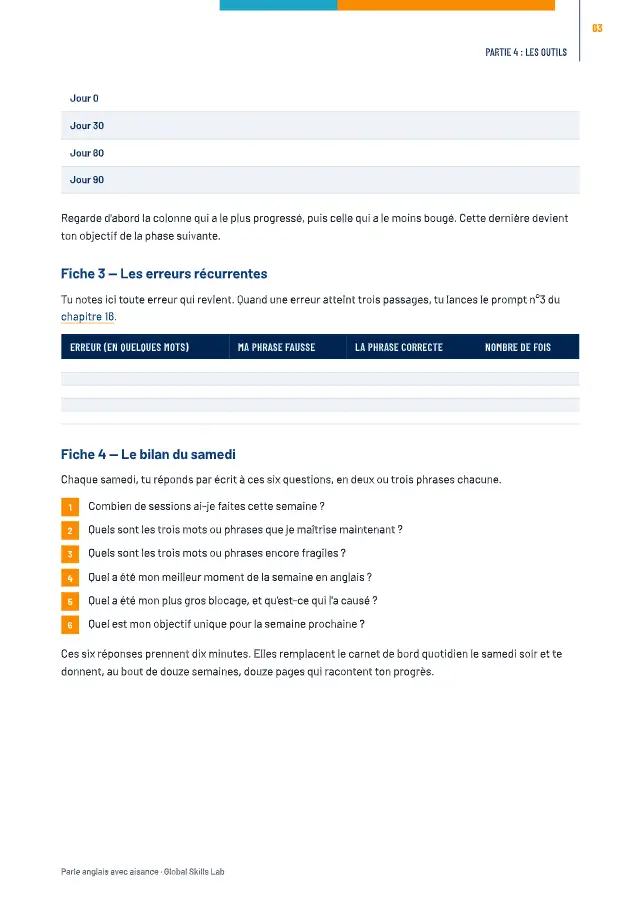 Page du guide : les fiches de suivi
